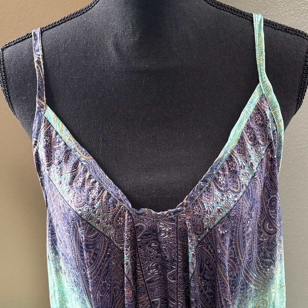 Flowy Bohemian Maxi Dress in Indigo & Mint with Gold Accents - Picture 2 of 7